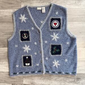 Vintage Snowflake Knit Holiday Novelty Sweater Vest Blue Embroidered Size Large